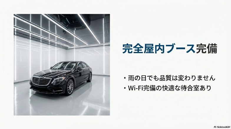 全天候型の完全屋内コーティングブースとWi-Fi完備の快適な待合室