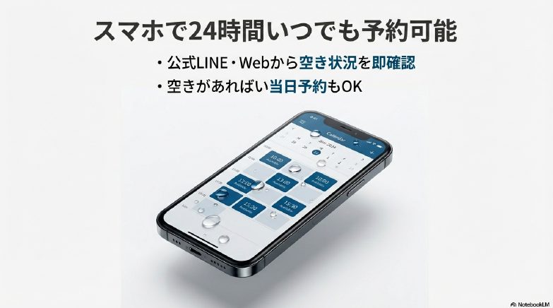 スマートフォンで空き状況を確認し、LINEやWebから即時予約する画面イメージ