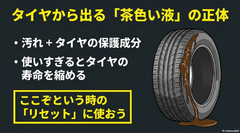 タイヤから出る茶色い液の正体は汚れと保護成分。使いすぎると寿命を縮めるリスクがある