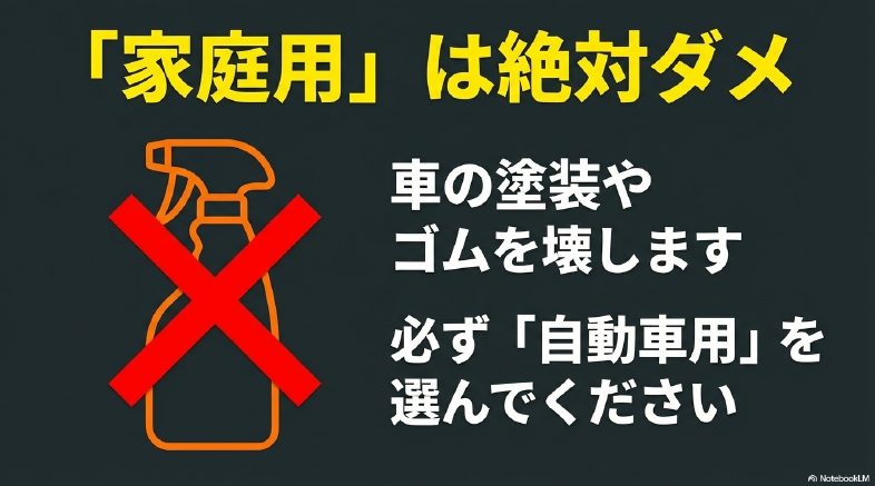 家庭用ウルトラハードクリーナーは車の塗装やゴムを壊すため絶対に使用せず自動車用を選ぶ