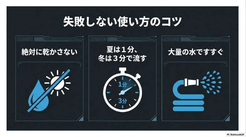 失敗しないコツは絶対に乾かさないこと。夏は1分、冬は3分を目安に大量の水ですすぐ