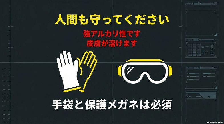 強アルカリ性で皮膚が溶けるため、ゴム手袋と保護メガネの着用が必須