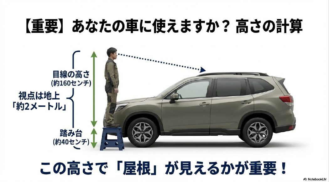 身長160cmの人が高さ40cmの踏み台に乗った場合の視点（約2メートル）とSUVの車高比較図