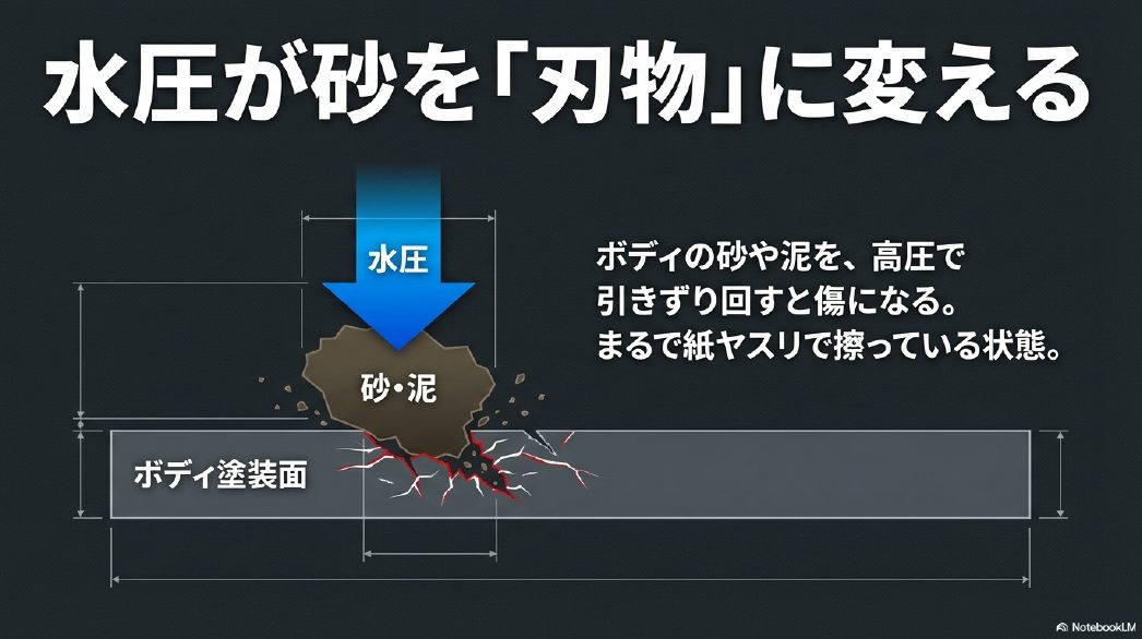 水圧が砂を刃物に変える。ボディの砂や泥を高圧で引きずり回すと傷になるメカニズム