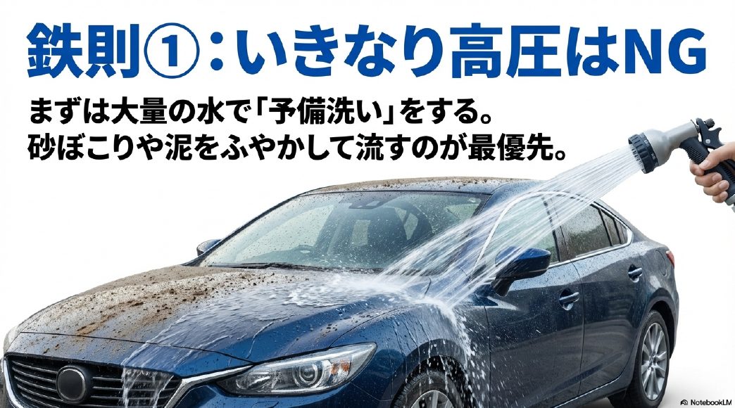 鉄則1：いきなり高圧はNG。まずは大量の水で砂ぼこりや泥をふやかして流す予備洗いをする