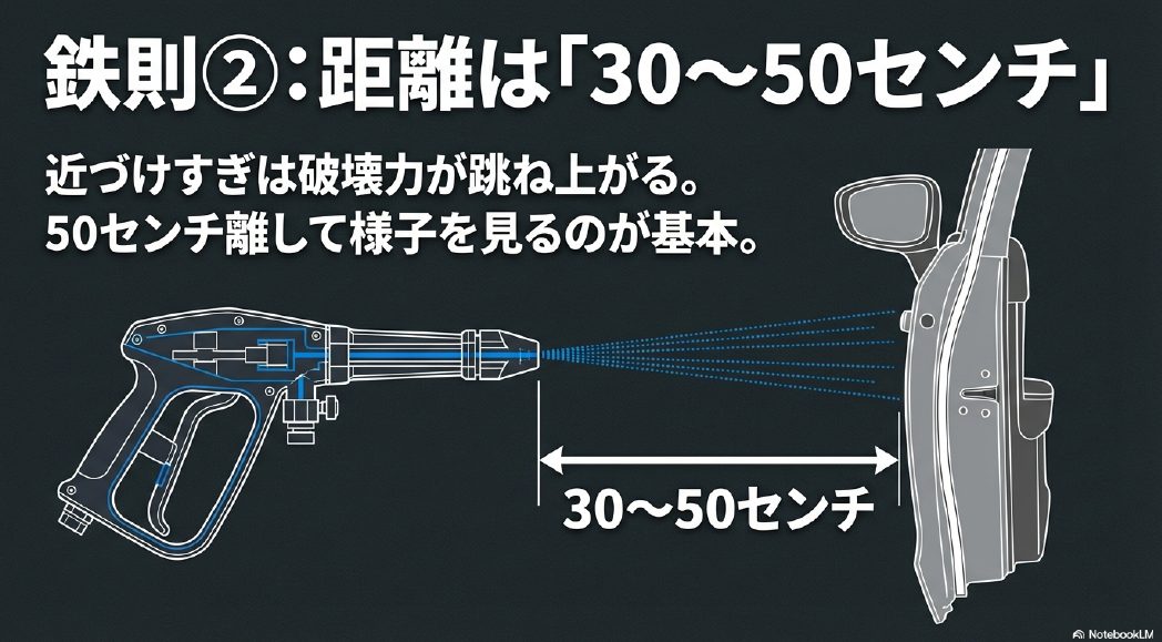 距離は30〜50センチ。近づけすぎは破壊力が跳ね上がるため50センチ離して様子を見るのが基本