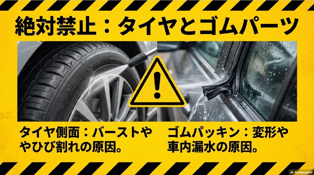 絶対禁止：タイヤとゴムパーツ。タイヤ側面に当てるとバースト、ゴムパッキンは変形や車内漏水の原因になる