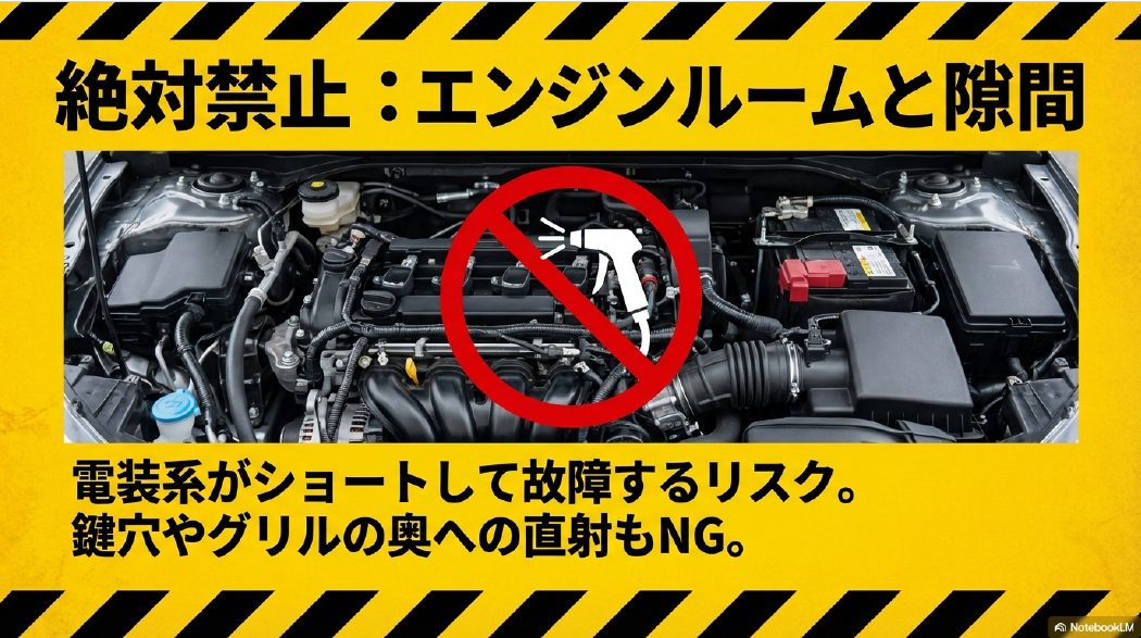 エンジンルームと隙間。電装系がショートして故障するリスク。鍵穴やグリルの奥への直射もNG