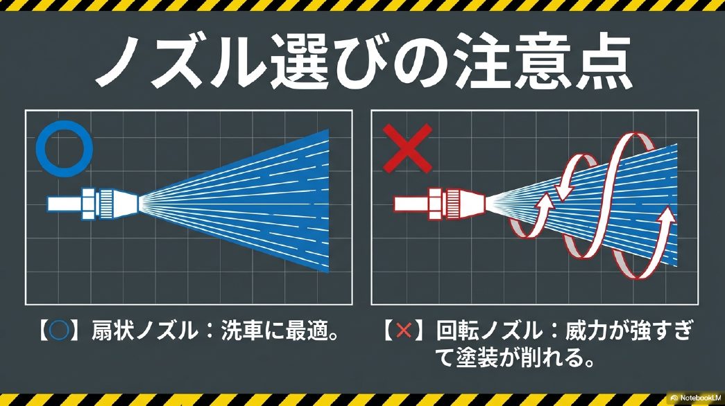ノズル選びの注意点。扇状ノズルは洗車に最適だが、回転ノズルは威力が強すぎて塗装が削れるためNG
