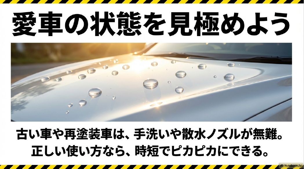 愛車の状態を見極めよう。古い車や再塗装車は手洗いや散水ノズルが無難。
