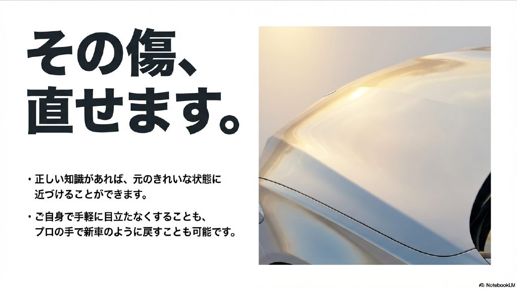 洗車機でついた車の傷は直せますというメッセージと輝くボディ