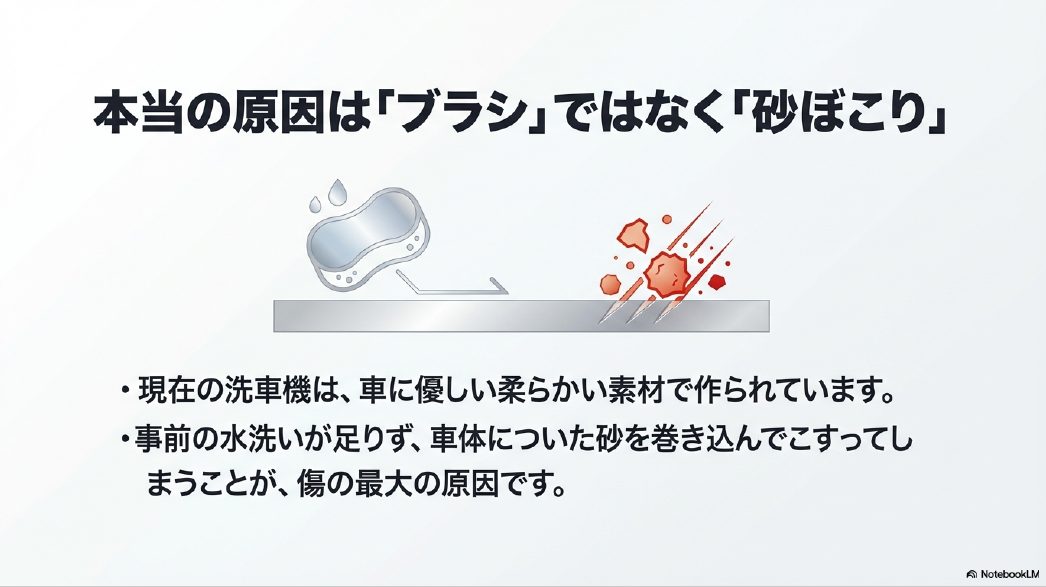 洗車機のブラシではなく砂ぼこりが傷の原因であることを示すイラスト