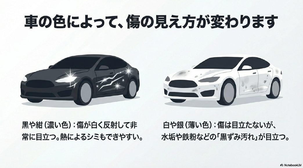 黒い車と白い車での傷の見え方の違いと比較図