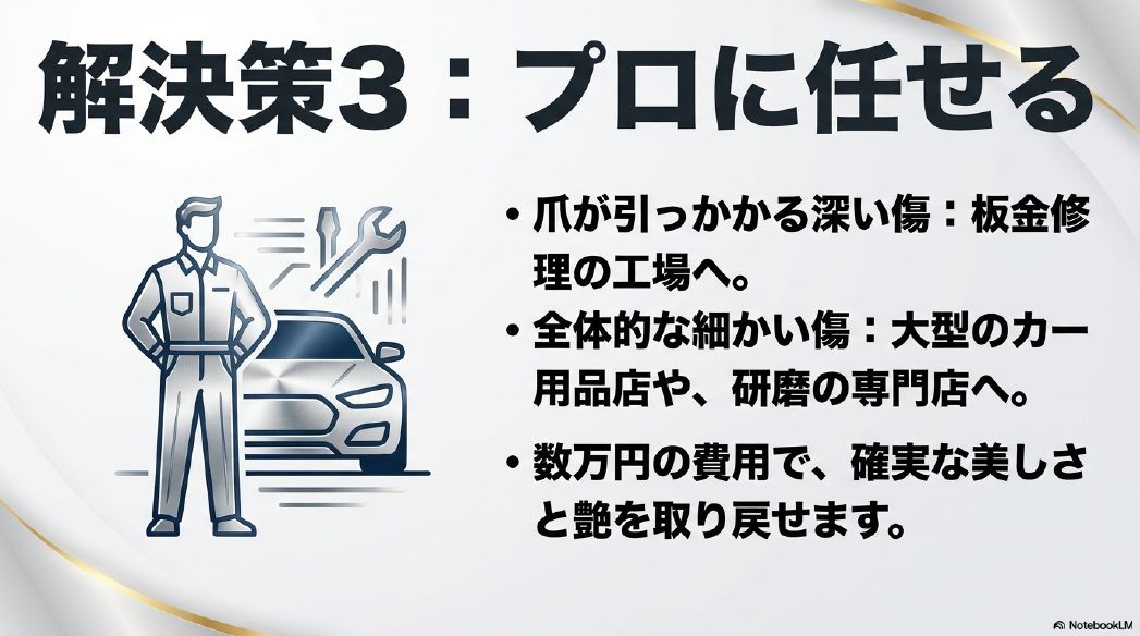 板金塗装やカー用品店などプロに傷消しを依頼する場合の選択肢イラスト