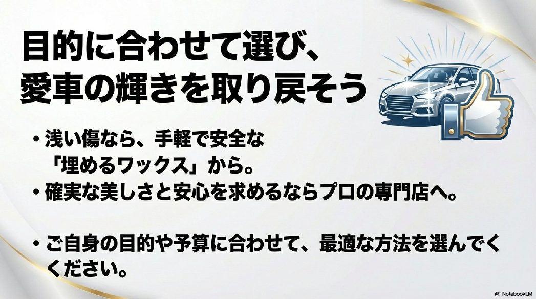 目的に合わせた洗車傷の消し方と選び方のまとめチャート