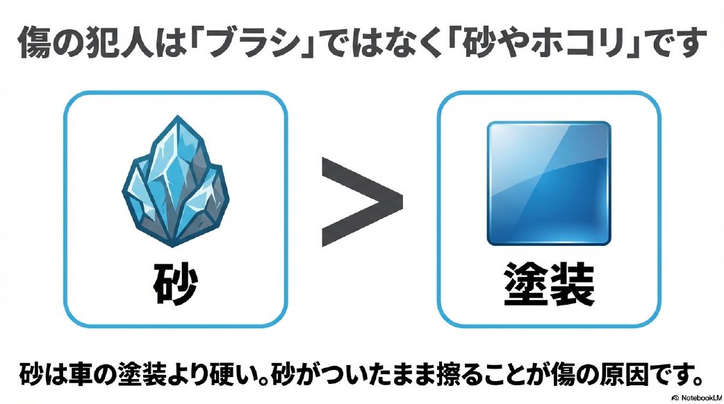傷の犯人はブラシではなく砂やホコリ。砂は車の塗装より硬い