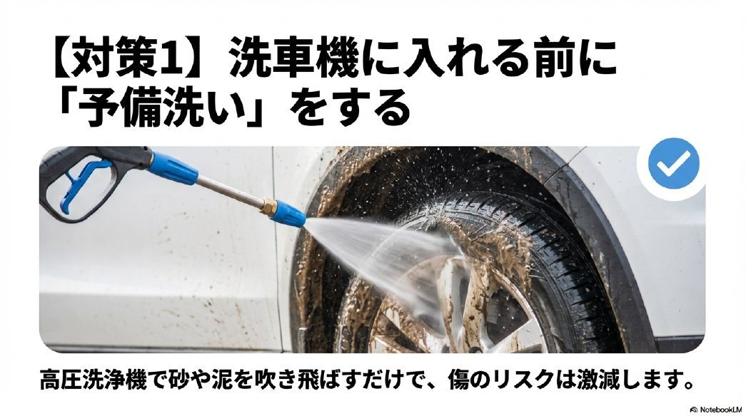 洗車機に入れる前の予備洗いで傷のリスクを激減させる