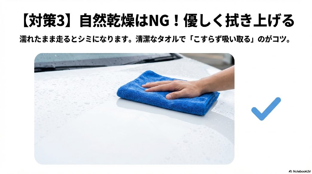 自然乾燥はNG。清潔なタオルでこすらずに水分を吸い取る正しい拭き上げ