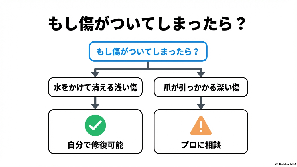 浅い傷は自分で修復、深い傷はプロに相談。洗車傷の深さ別修復フローチャート