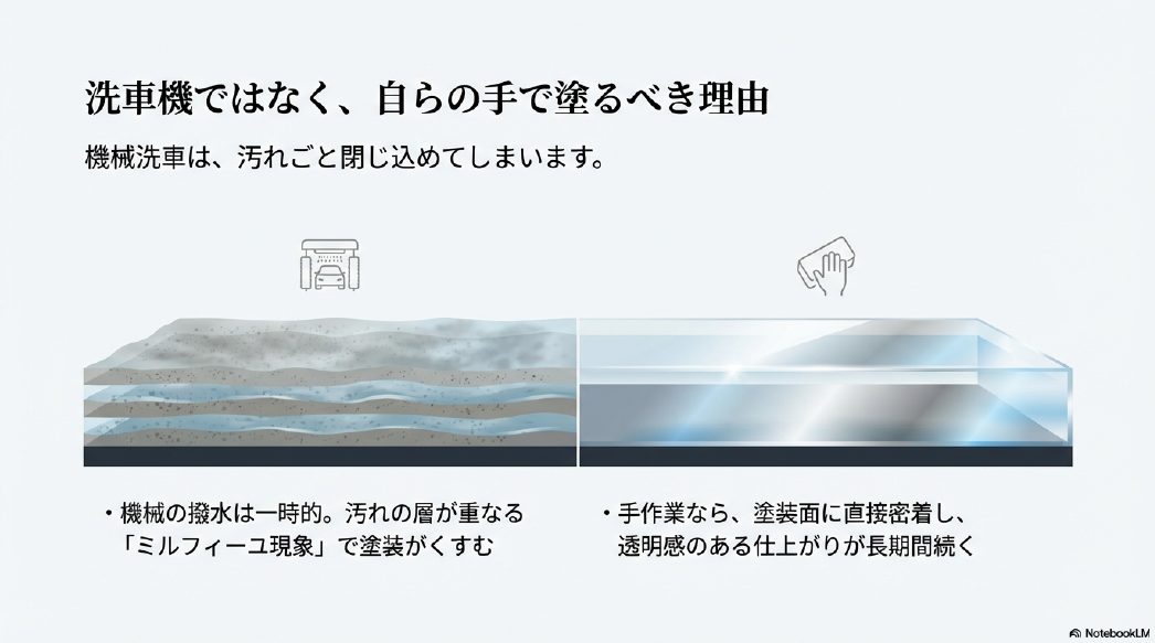 洗車機によるミルフィーユ現象と手作業コーティングの透明感の違い