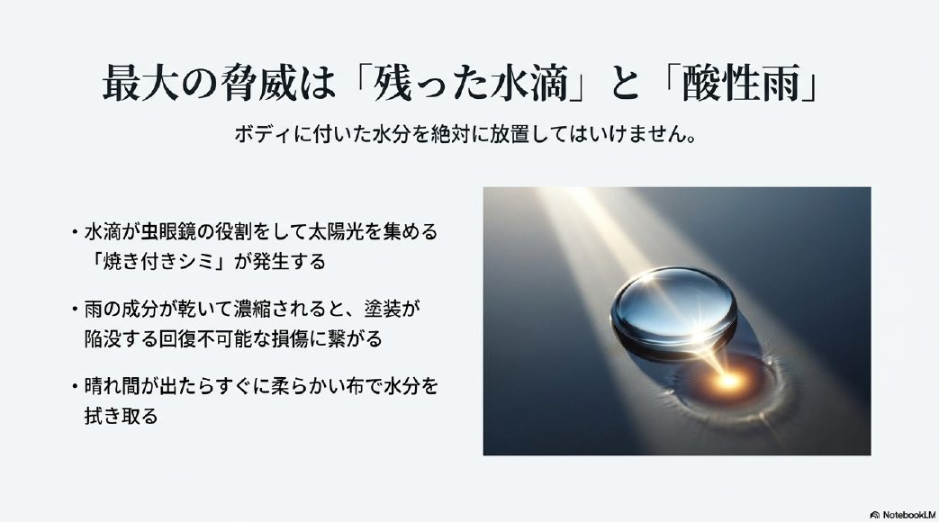 水滴が虫眼鏡の役割をして発生する焼き付きシミ（ウォータースポット）のメカニズム