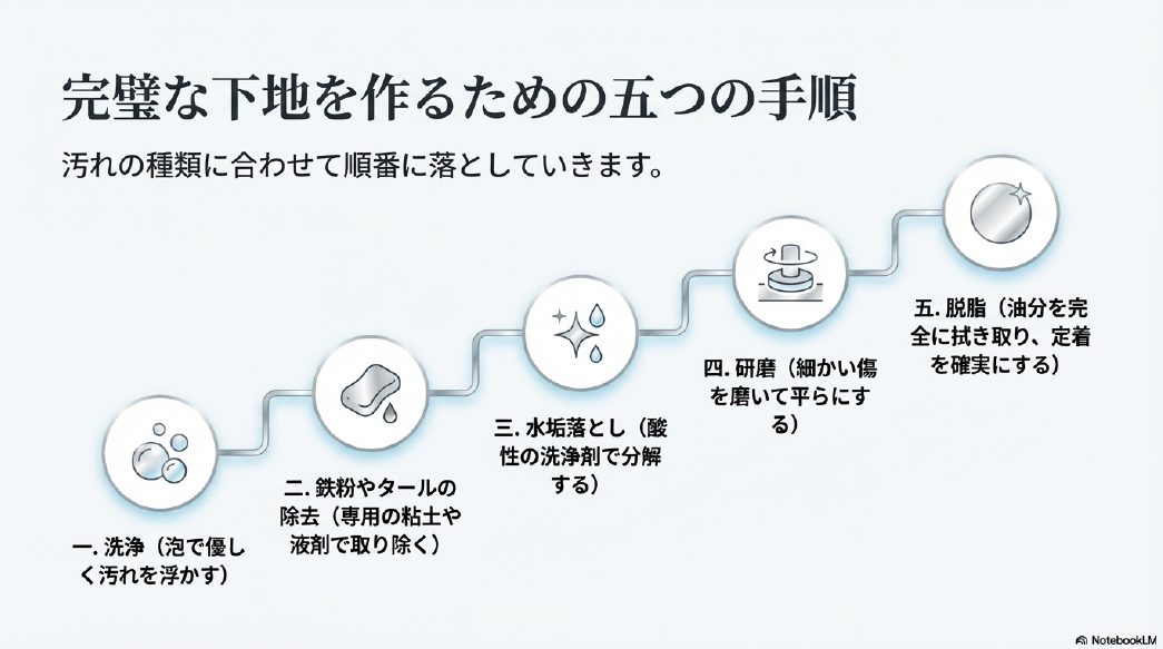 洗浄、鉄粉除去、水垢落とし、研磨、脱脂という完璧な下地を作るための5つのステップ