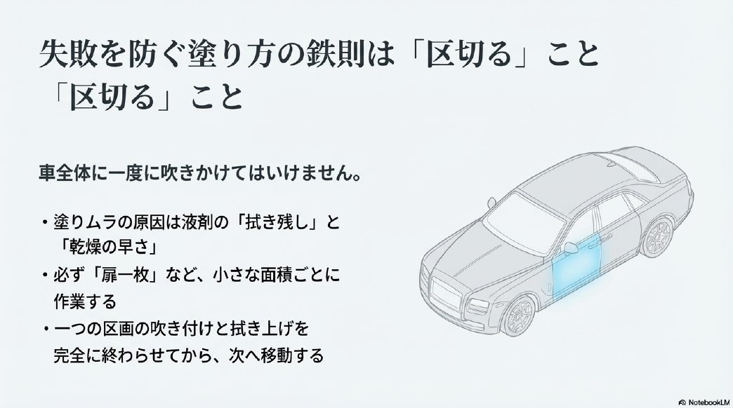 ドア1枚など小さな面積ごとに区切ってコーティングを作業する失敗を防ぐ鉄則