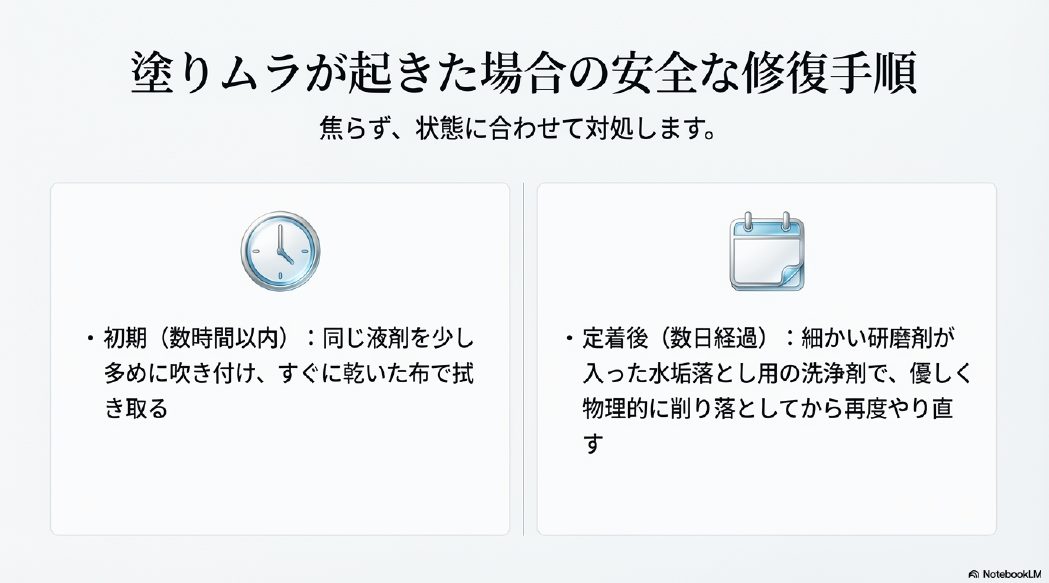 初期段階の重ね塗りと定着後の物理的研磨によるムラ修復のタイミングと対処法