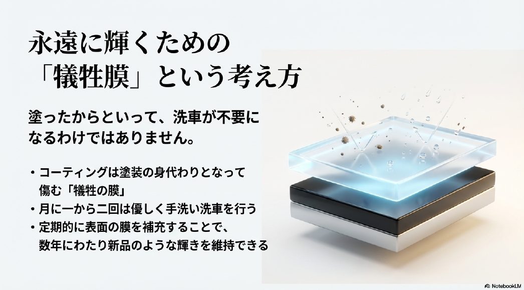 コーティングは塗装の身代わりとなる犠牲の膜であり定期的な洗車が必要であるという考え方