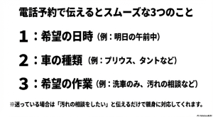 電話予約時に伝えるべき「希望日時」「車の種類」「希望の作業」の3項目と、迷っている場合の相談方法。