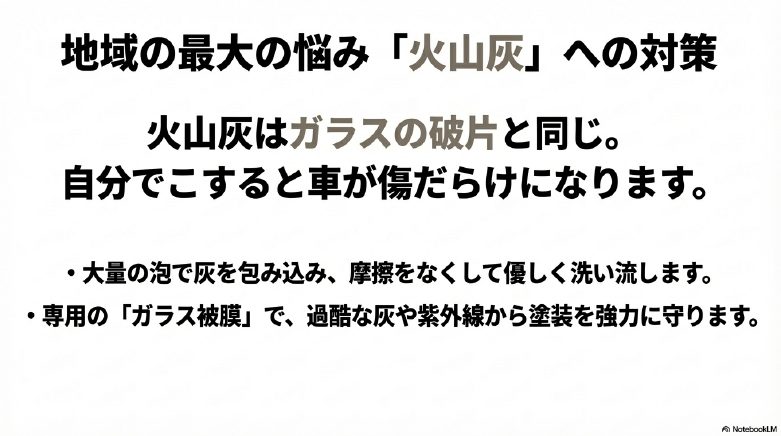 火山灰はガラスの破片と同じであり、自分でこすると傷になる警告。大量の泡で包み込む洗車とガラス被膜による保護の解説。