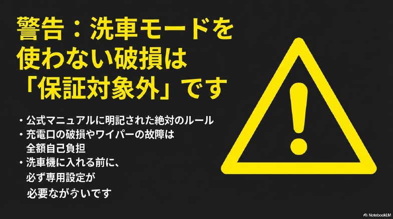 洗車モード未使用による故障は保証対象外という警告