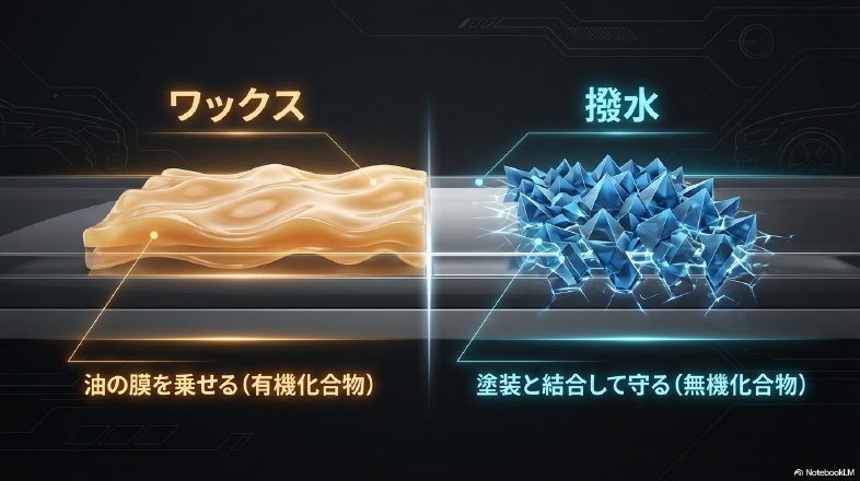 ワックス洗車(有機化合物)と撥水洗車(無機化合物)の表面保護メカニズムの違い