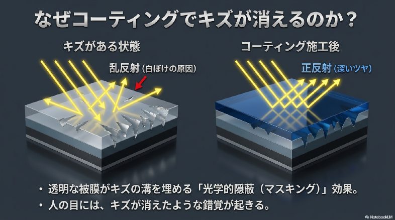 透明な被膜がキズの溝を埋める光学的隠蔽(マスキング)効果により、乱反射が抑えられ正反射となって深いツヤが出るメカニズム図