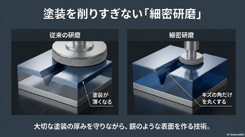 塗装が薄くなる従来の研磨に対し、キズの角だけを丸くすることで塗装の厚みを守りながら鏡のような表面を作る細密研磨の図解