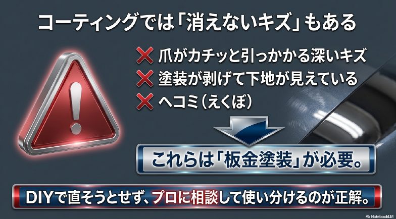 爪が引っかかる深いキズや塗装の剥がれ、ヘコミなど、コーティングでは消えず板金塗装が必要となるダメージの例