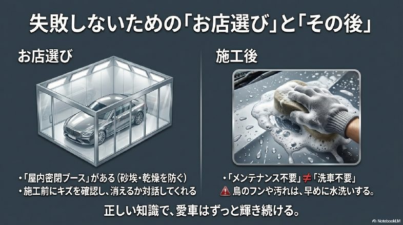 砂埃を防ぐ屋内密閉ブースの様子と、メンテナンスとしての手洗い洗車のイメージ