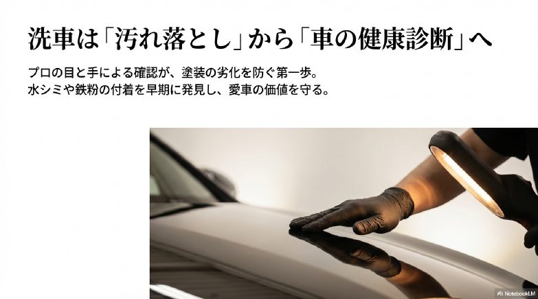 プロの技術者がライトを使って車の塗装面の傷や汚れを点検している様子