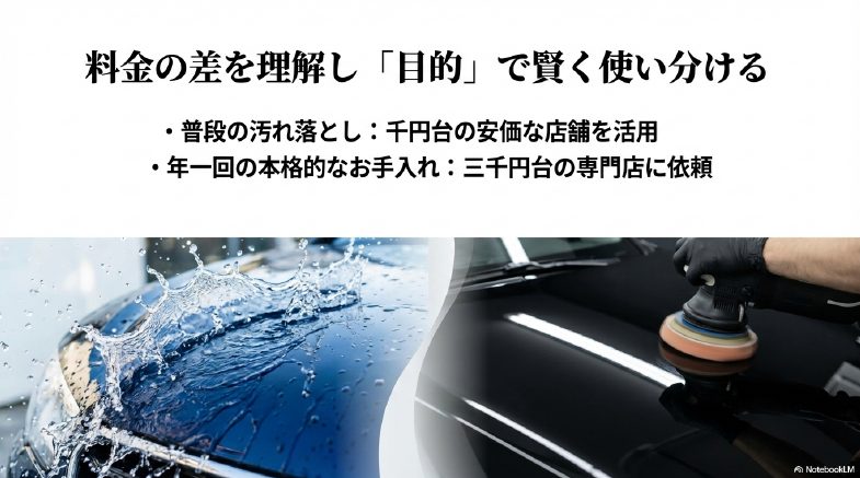 洗車シーンのイメージと料金・目的に応じた店舗の賢い使い分け