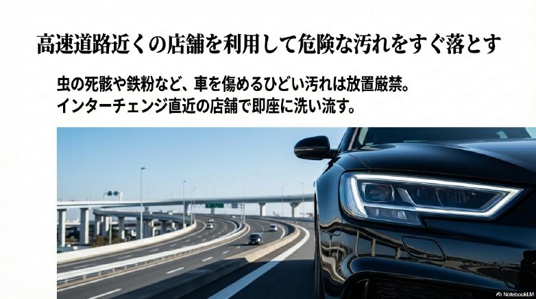 高速道路を走る車とインターチェンジ近くの洗車場で汚れを落とす重要性