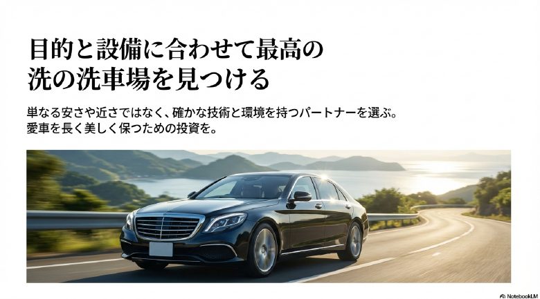 海沿いを走る黒い高級車と目的・設備に合わせた洗車場選びのまとめ