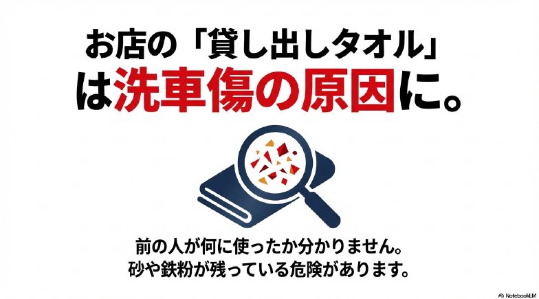 洗車場の共用タオルに残った砂や鉄粉が洗車傷の原因になるリスクの解説図