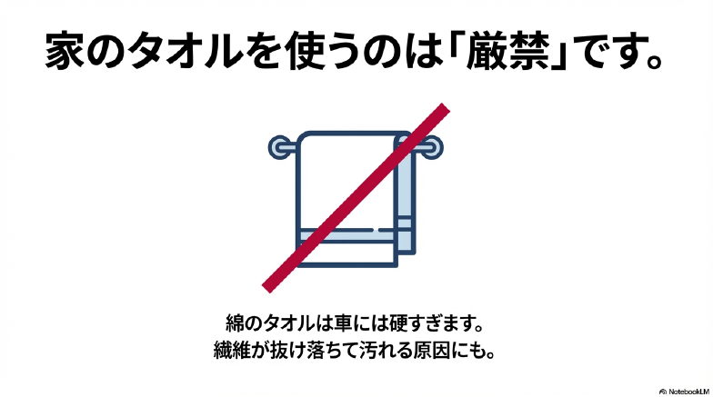 綿の家庭用タオルは硬く繊維が抜けるため洗車には厳禁であることを示す図