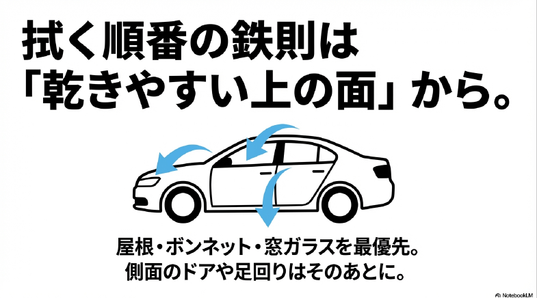 ルーフやボンネットなど乾きやすい上面から側面に拭き上げる正しい手順の図解