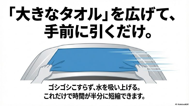 大判マイクロファイバータオルを広げて引くだけで水分を吸い取る時短テクニック