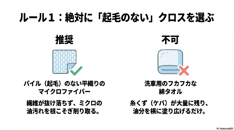 内窓拭きには綿タオルではなくパイルのない平織りマイクロファイバークロスを推奨する図