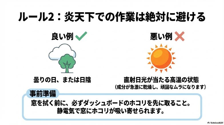 直射日光を避け、曇りの日や風通しの良い日陰で窓拭き作業を行うことを推奨する図
