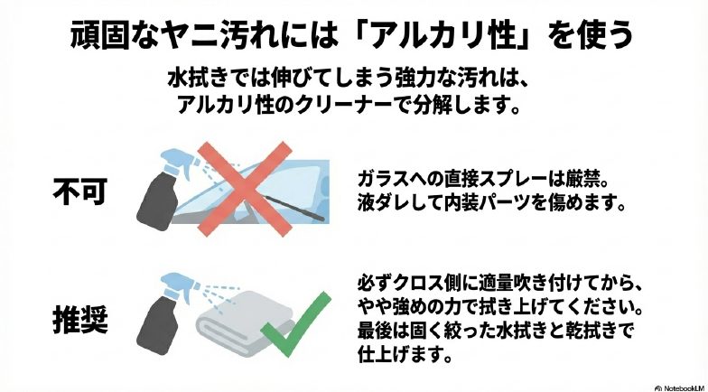 ガラスへの直接スプレーは避け、クロス側にアルカリ性クリーナーを吹き付けてヤニ汚れを落とす図